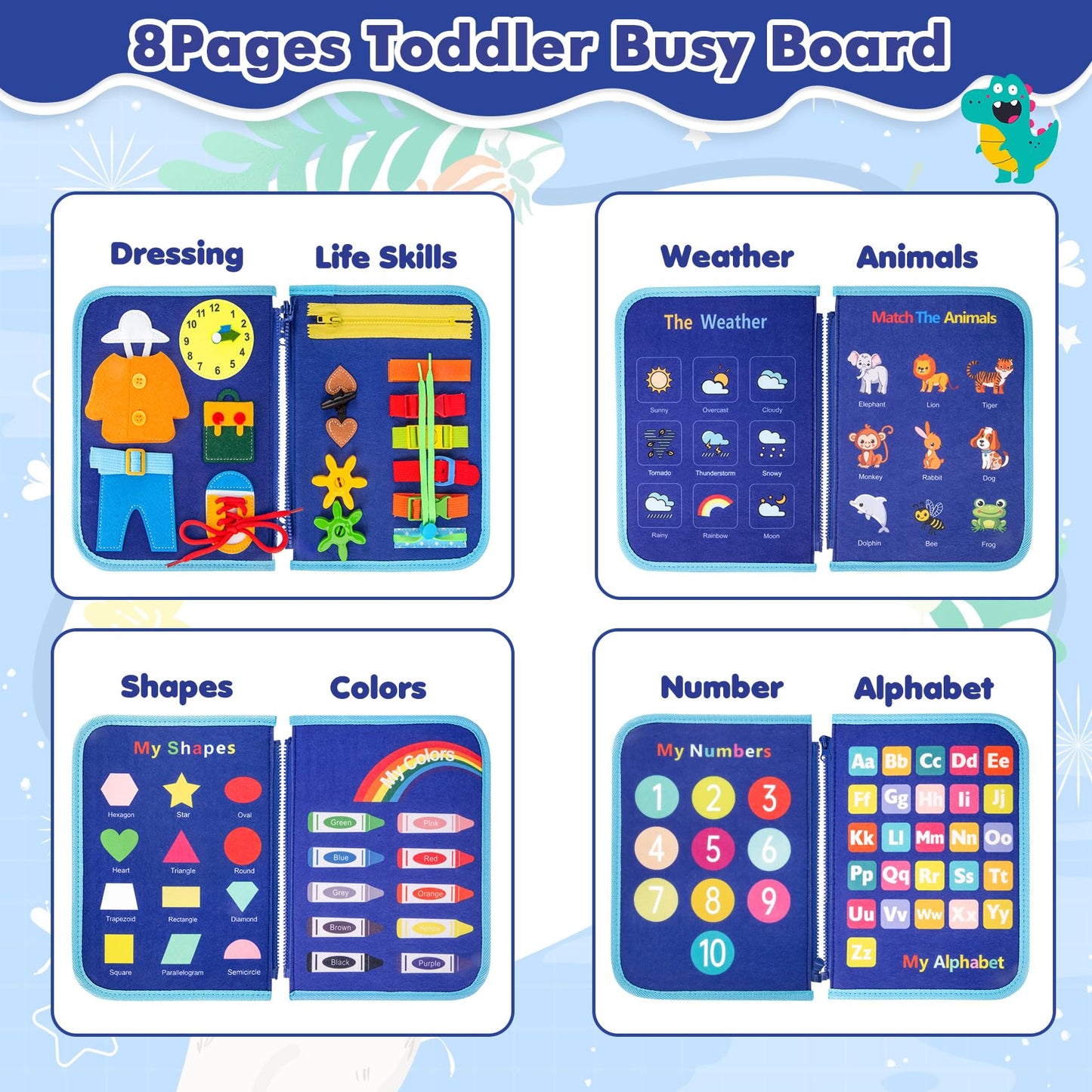 Montessori vildist Busy Board sensoorne kohver, 7 paneeli, 1–7 a lastele, sinine