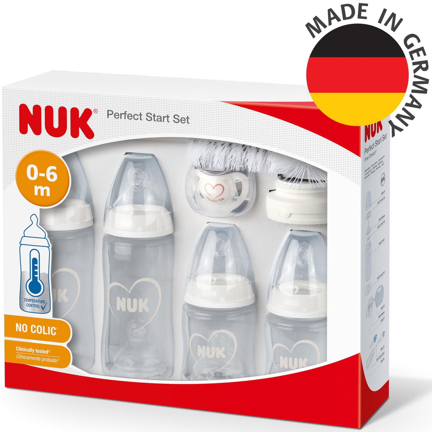 NUK First Choice+ Perfect Start beebipudelite komplekt, 0–6 kuud, südamekujundusega, valge