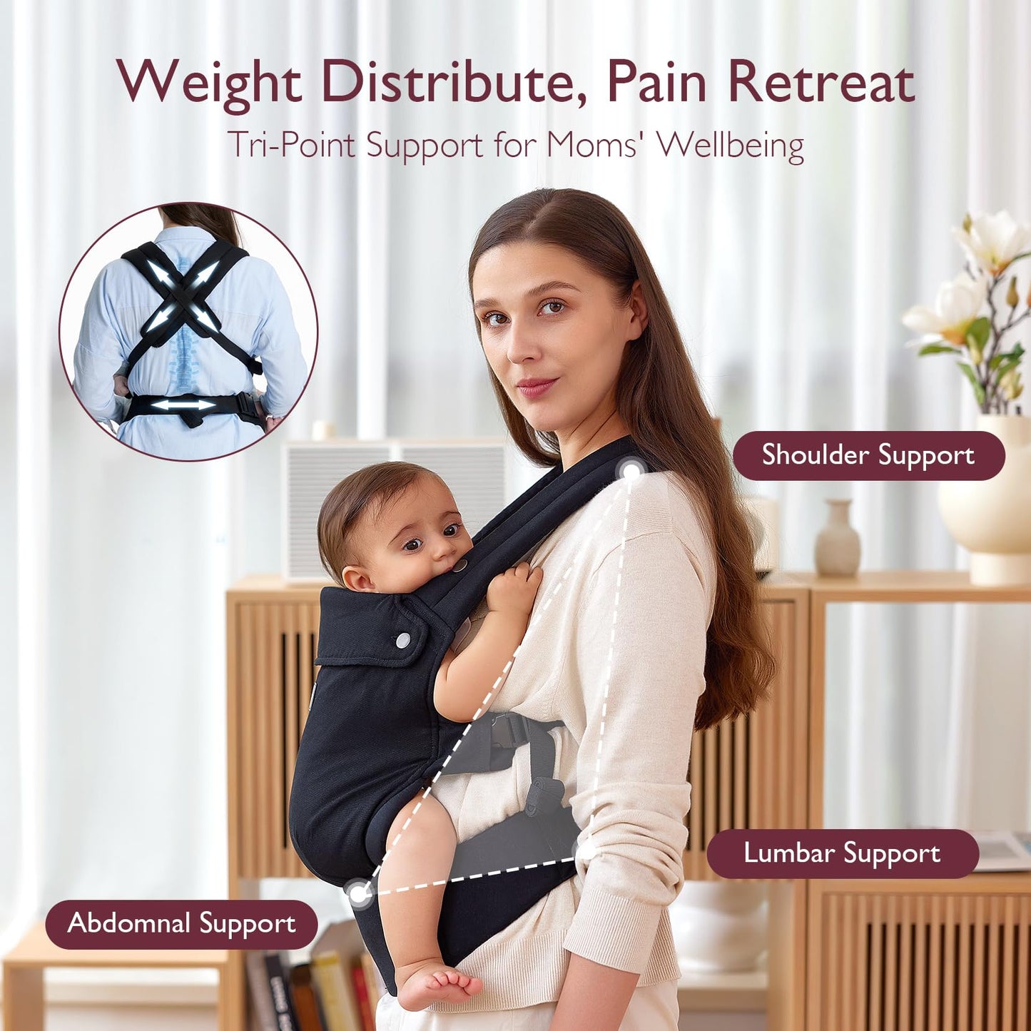 Momcozy ergonoomiline beebikandekott – must, puuvillane, 3-ühes disain (7–20 kg)