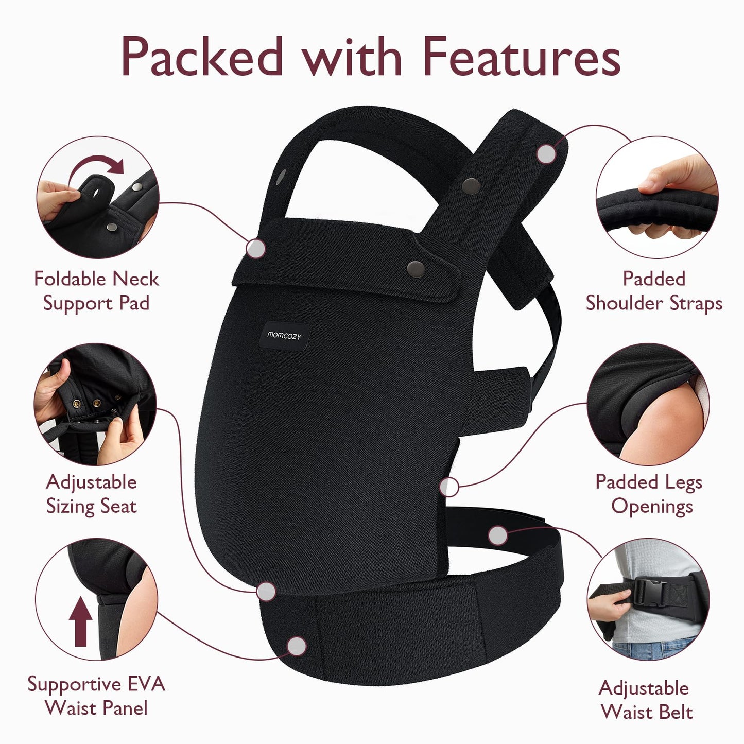 Momcozy ergonoomiline beebikandekott – must, puuvillane, 3-ühes disain (7–20 kg)