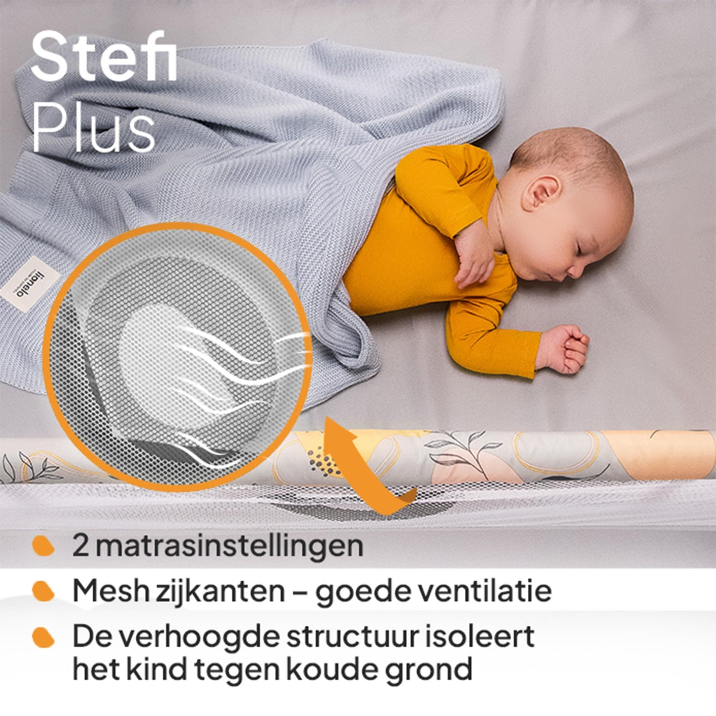 Lionelo Stefi Plus kokkupandav reisivoodi ja mänguaedik madratsiga, hall/lillemuster