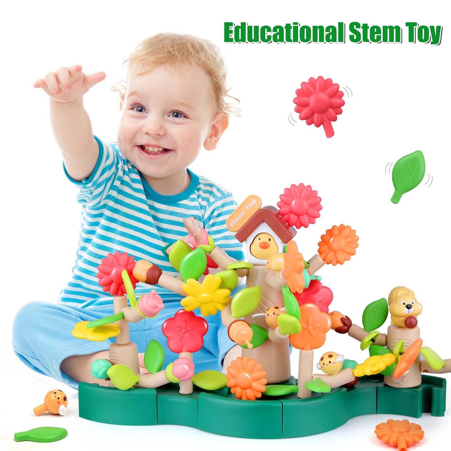 DIY flower garden construction toy, 91-piece set with storage box, 3–6 years