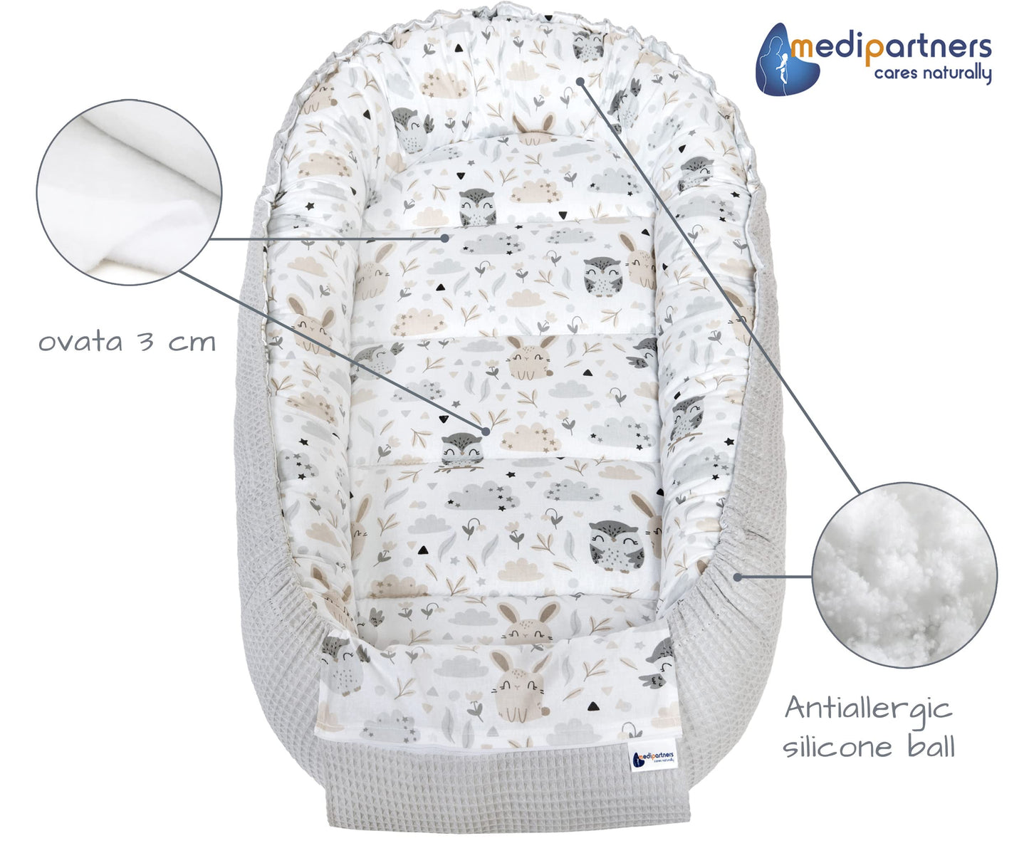 Medi Partners beebipesa kookon, 100×60×15 cm, kahtepidi kasutatav, puuvillane Waffle, hall