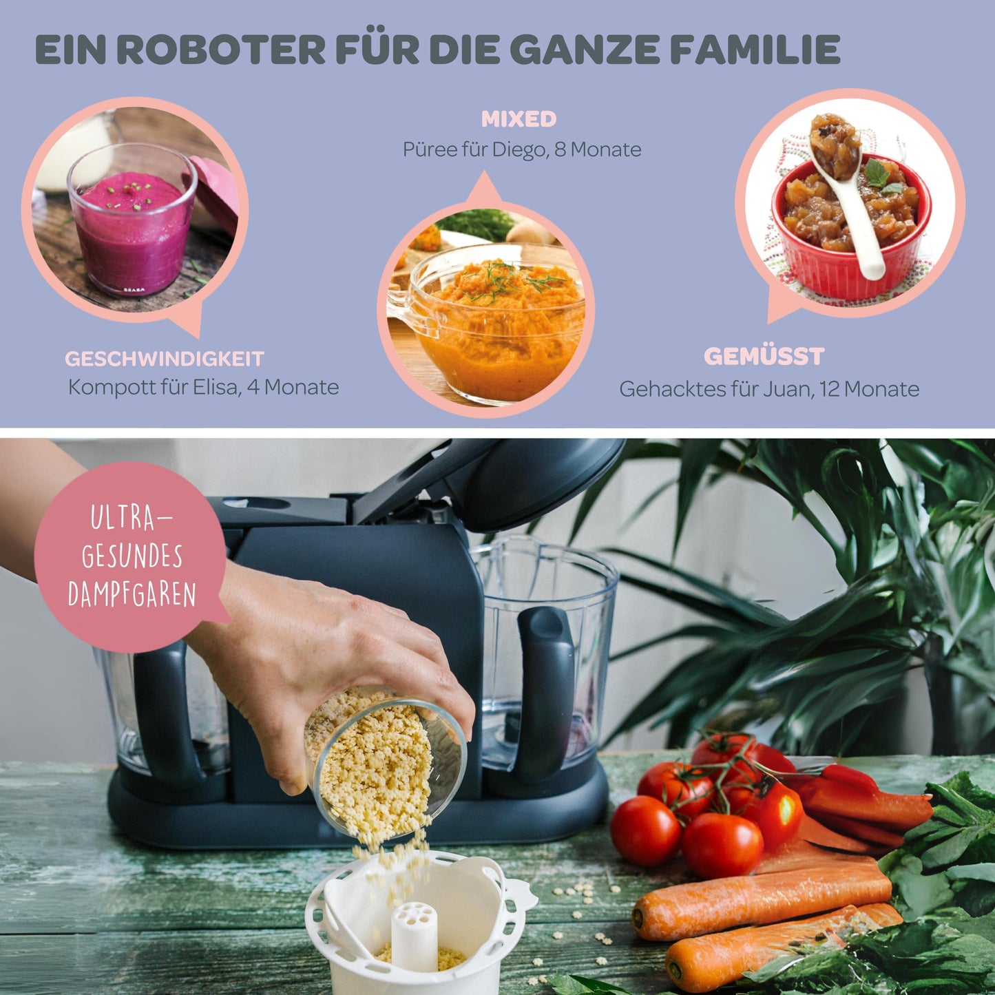 Béaba Babycook Duo 4-in-1 Food Processor – Steam, Blend, Reheat, Defrost, 2200 ml Capacity, Dark Grey
