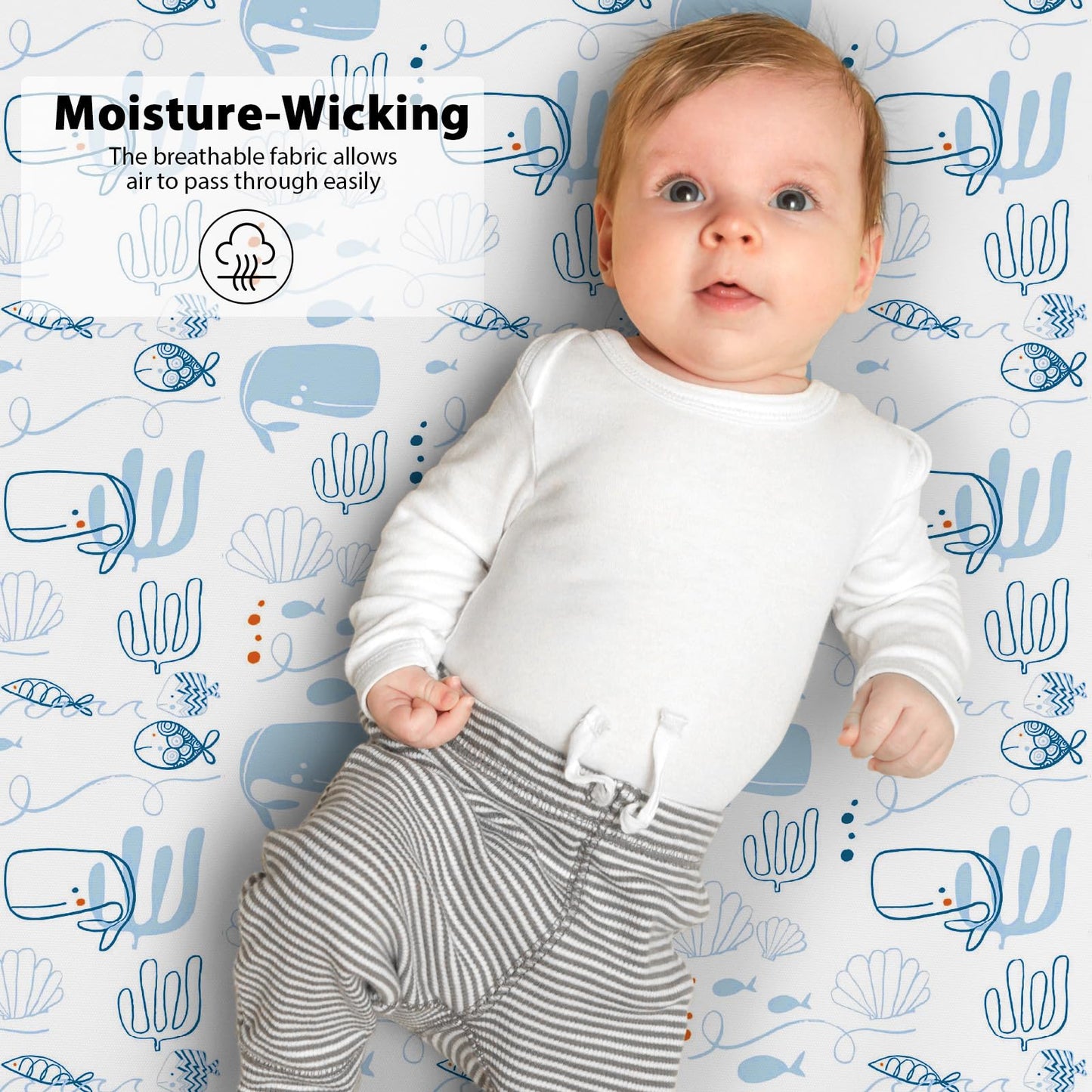 Yoofoss 2-osaline beebivoodi aluslinade komplekt, 70 × 140 cm, sinine merihobukeste mustriga