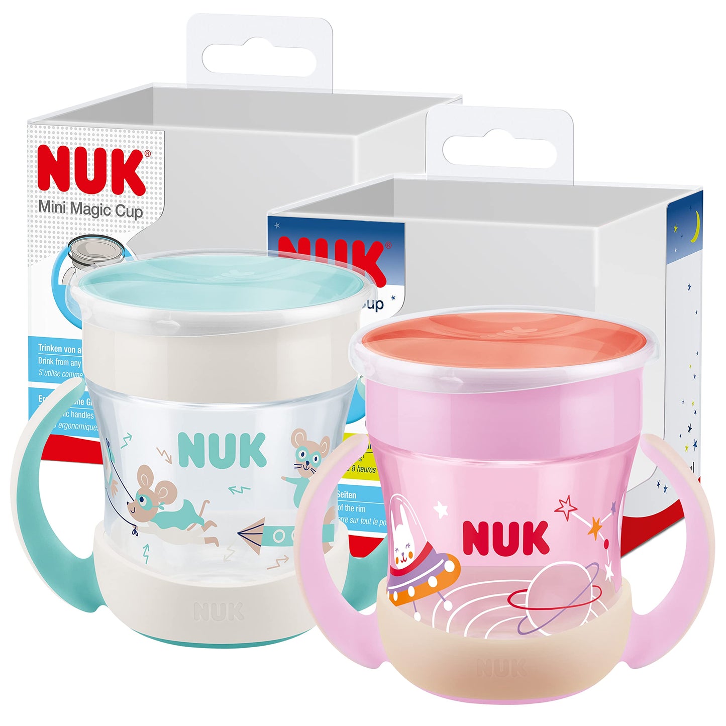 NUK Mini Magic Cup Night joogitops 160 ml (2 tk) – roosa/roheline, helendab pimedas