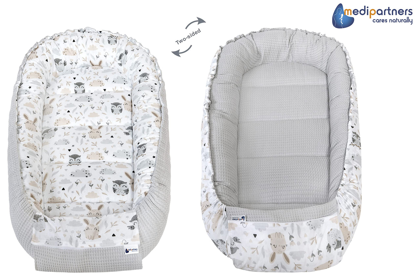 Medi Partners beebipesa kookon, 100×60×15 cm, kahtepidi kasutatav, puuvillane Waffle, hall