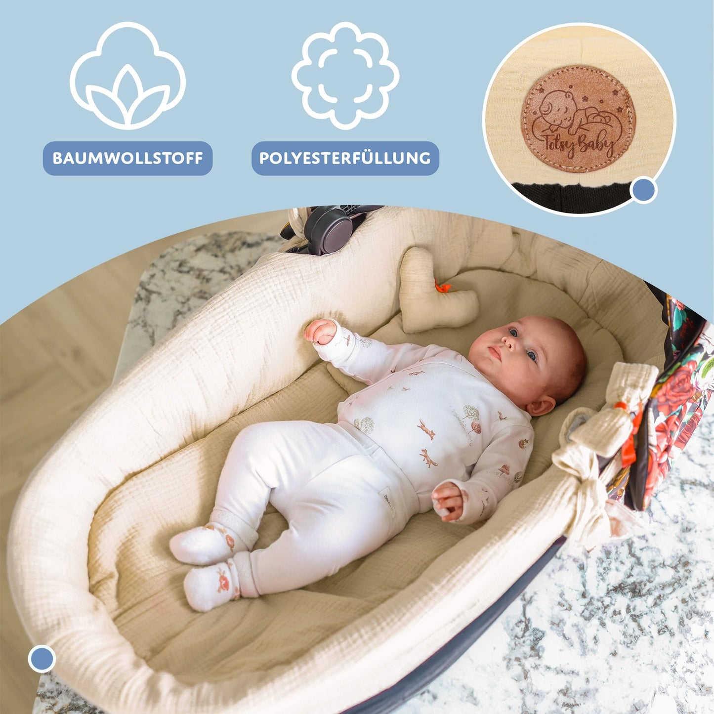 Totsy Baby musliinist 3-osaline komplekt beebivankrile ja hällile – helebeež