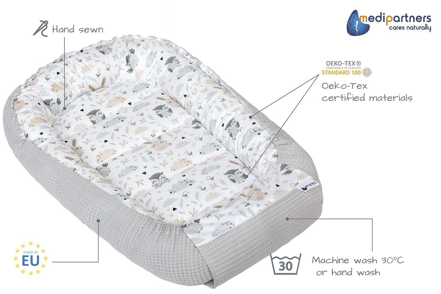 Medi Partners beebipesa kookon, 100×60×15 cm, kahtepidi kasutatav, puuvillane Waffle, hall