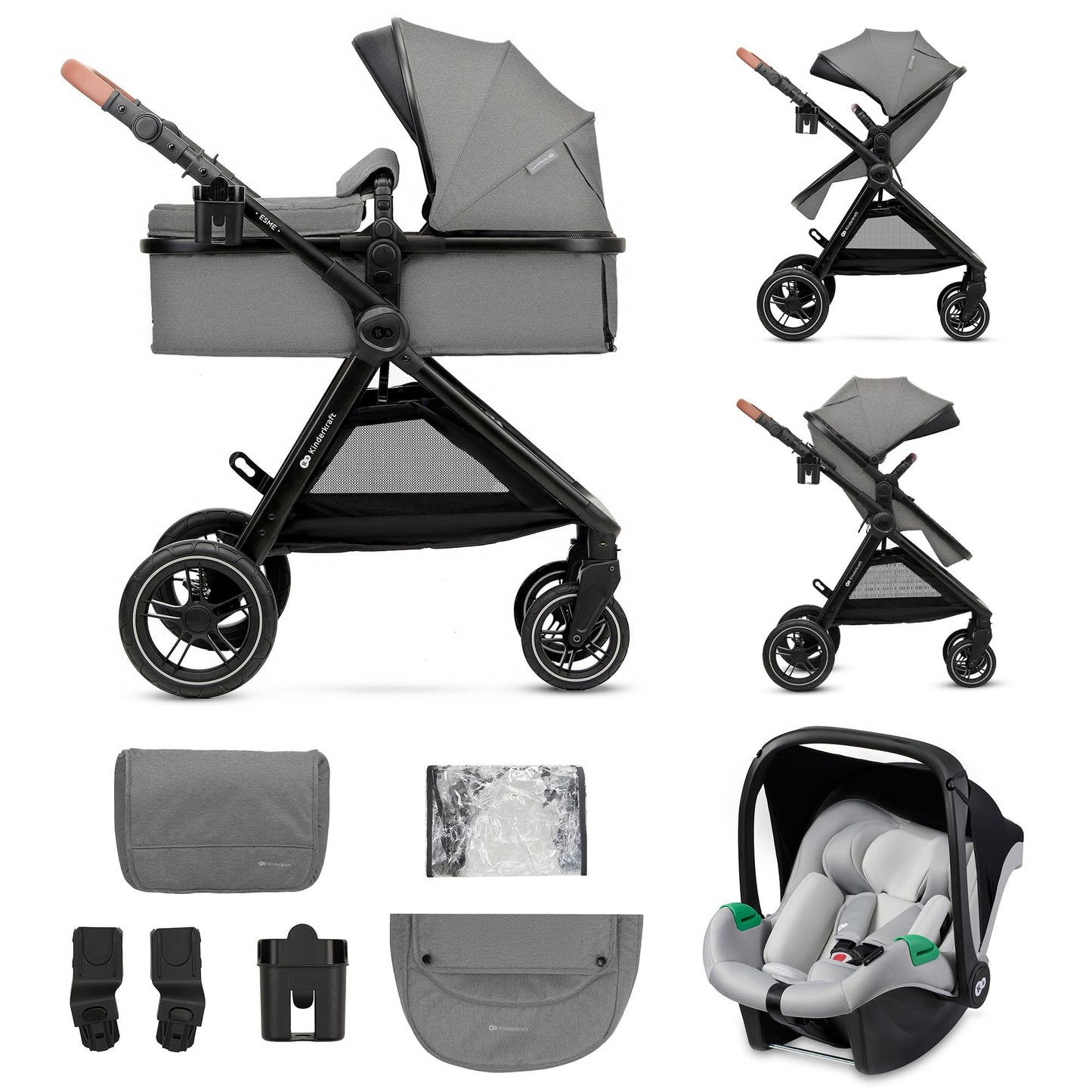 Kinderkraft ESME 3-in-1 vankrikomplekt kandekorvi, jalutuskäru ja i-Size turvahälliga, Moonlight Grey