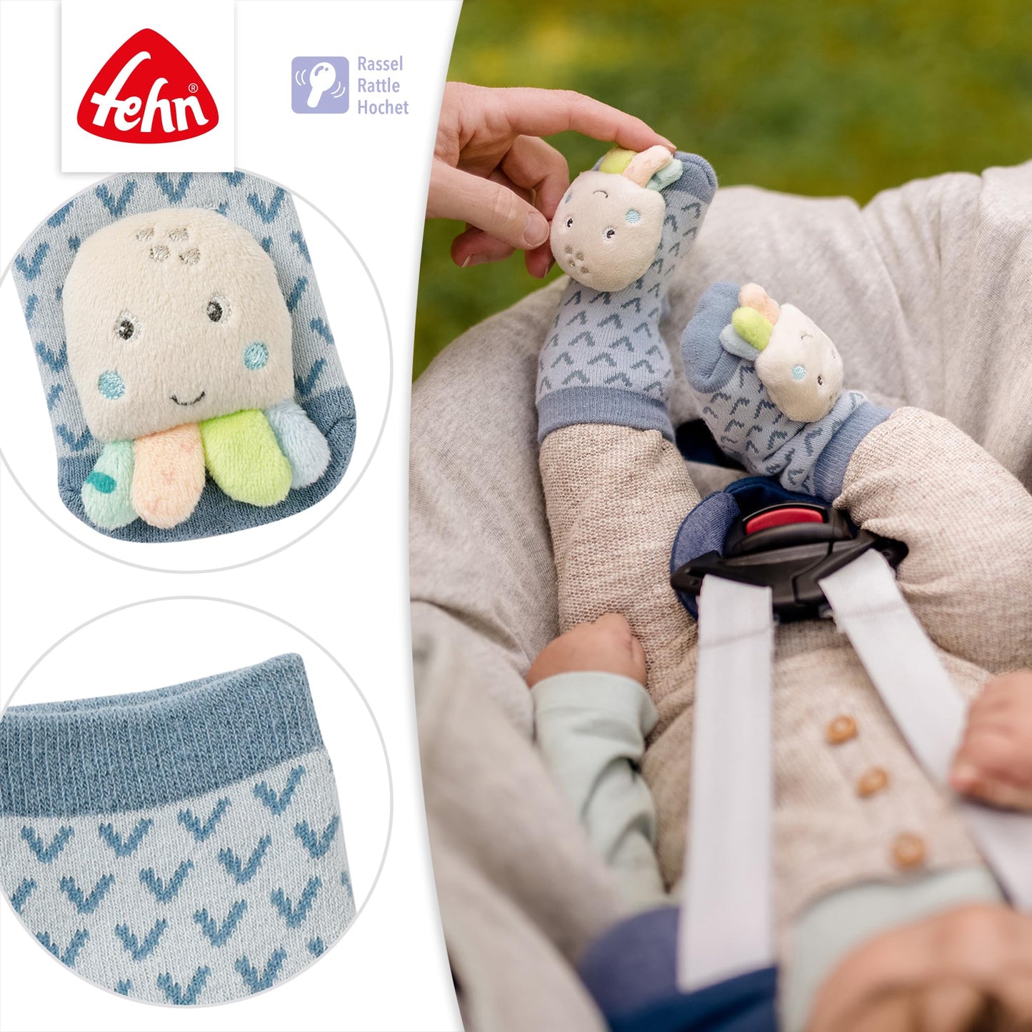 Fehn baby socks with rattle octopus, 0–12 months, 12 cm
