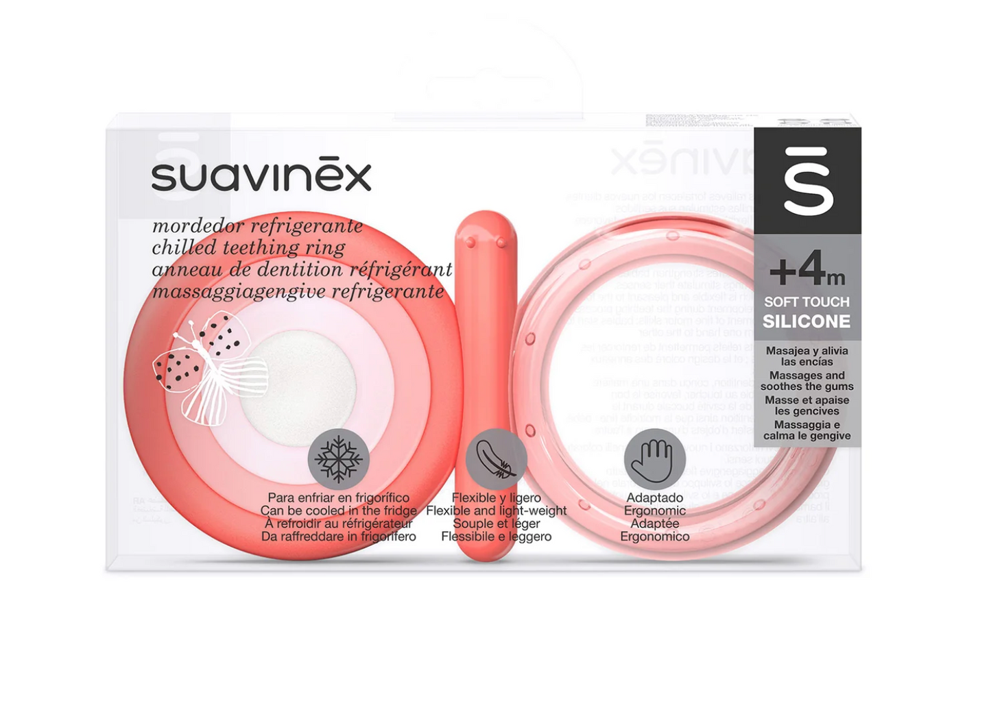 Suavinex jahutav silikoonist närimisrõngas beebile 4+, liblikakujuline, roosa