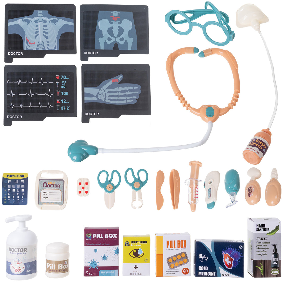 Arstimängu komplekt ratastel käruga, EKG- ja röntgenipaneeliga, 26 osa (alates 3. eluaastast)