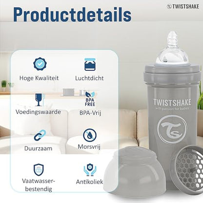 Twistshake koolikuvastane lutipudel 260 ml + piimapulbri konteiner, hall