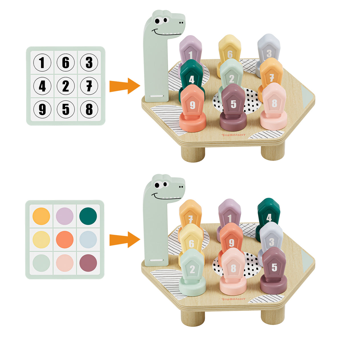 Topbright Happy Dino Twist puidust dinosaurus, värvide ja numbrite õppemäng keeratavate klotsidega (3+)