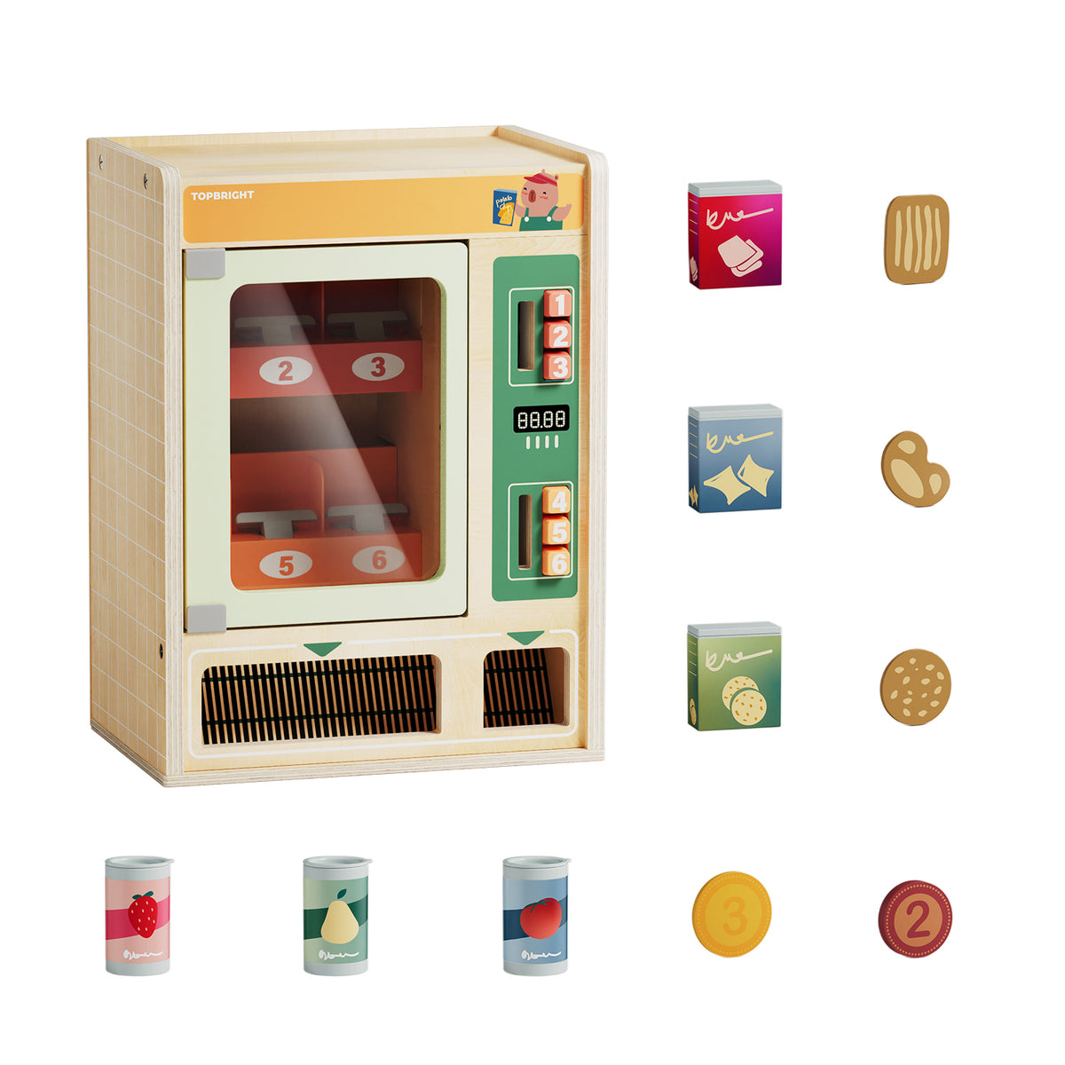 Topbright Shop&Go puidust müügiautomaat mängimiseks, jookide, suupistete ja mänguraha komplektiga (3+)