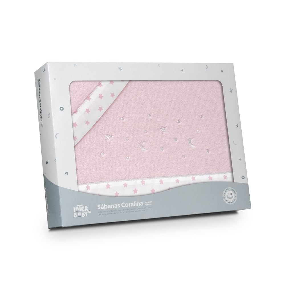 Interbaby Coralina 3-osaline beebivoodipesukomplekt, 50 × 80 cm, roosa, tähtede ja kuu mustriga