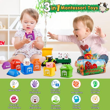 Plunack Montessori 3-ühes õpi- ja motoorikamänguasi beebidele, farmikomplekt traktoriga