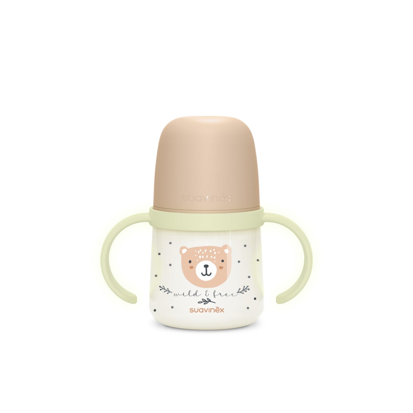 SUAVINEX treeningtass 150 ml, +6M, beige, helendavate käepidemete ja pehme silikoonotsikuga