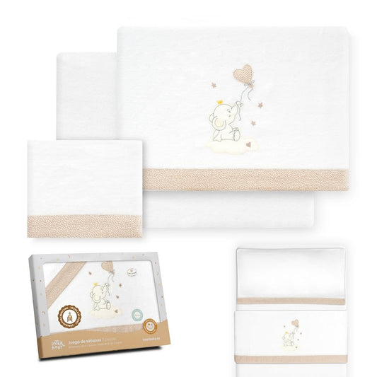 Interbaby voodipesukomplekt beebivoodile 50 x 80 cm, flanell, valge/beež elevant