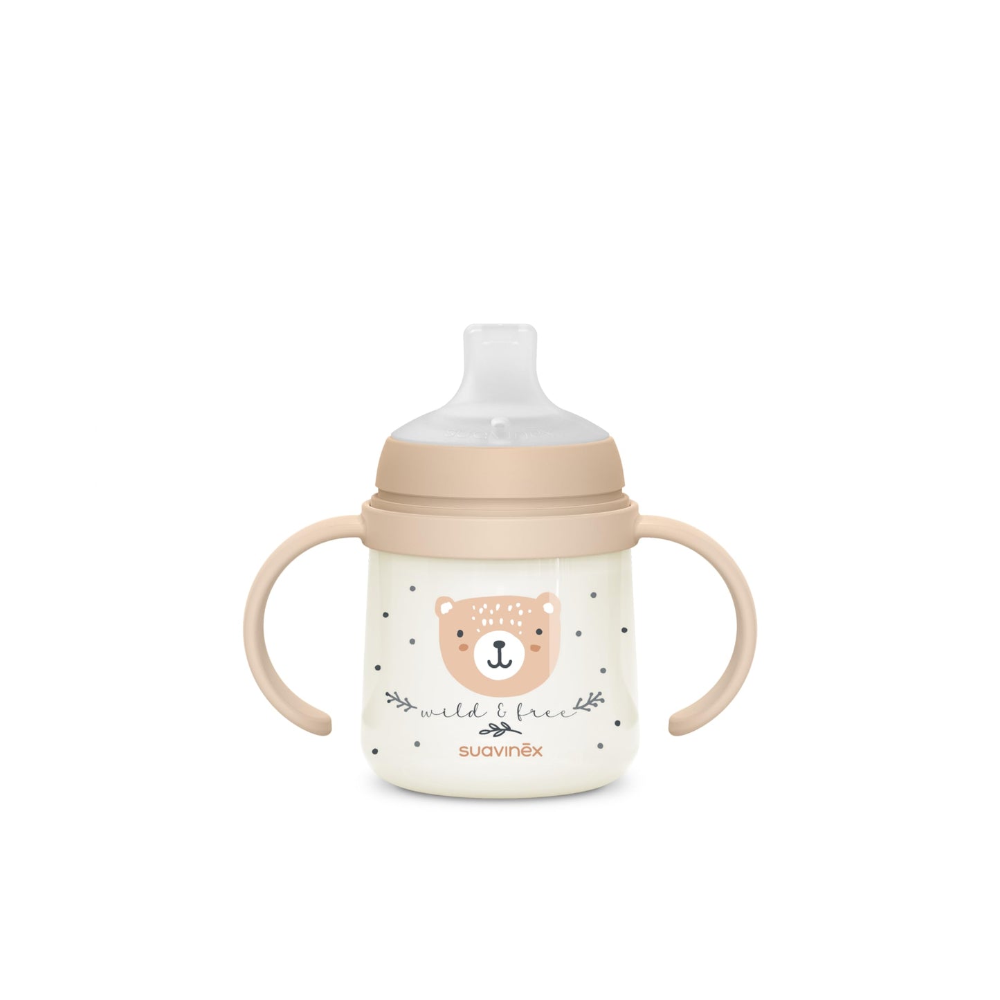 SUAVINEX treeningtass 150 ml, +6M, beige, helendavate käepidemete ja pehme silikoonotsikuga