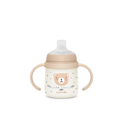 SUAVINEX treeningtass 150 ml, +6M, beige, helendavate käepidemete ja pehme silikoonotsikuga