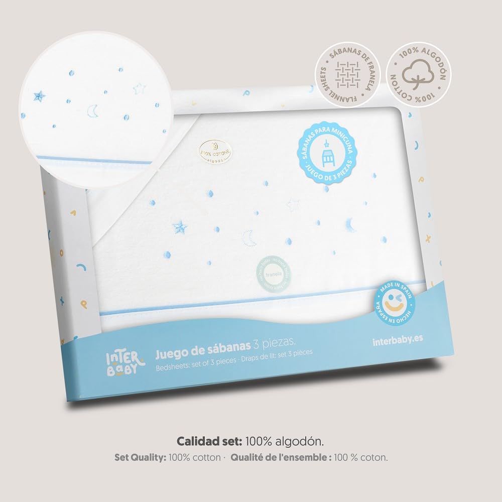 Interbaby voodipesukomplekt beebivoodile 50 x 80 cm, flanell, valge/sinine, 3-osaline
