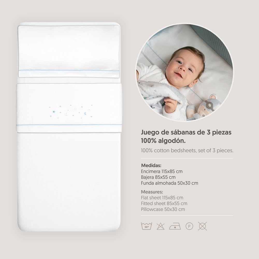 Interbaby voodipesukomplekt beebivoodile 50 x 80 cm, flanell, valge/sinine, 3-osaline