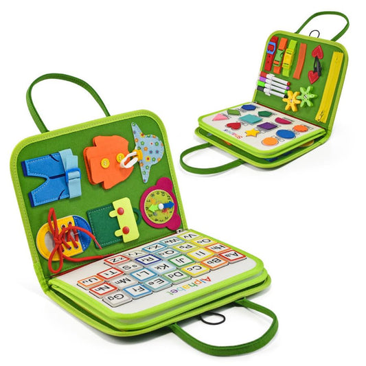 Montessori vildist Busy Board sensoorne kohver, 7 paneeli, 1–7 a lastele, roheline