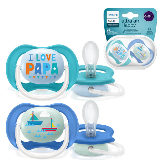 Philips Avent Ultra Air lutt, 6–18 kuud, ortodontiline, BPA-vaba, sinine/türkiis, 2 tk + steriliseerimis-/hoiukarp
