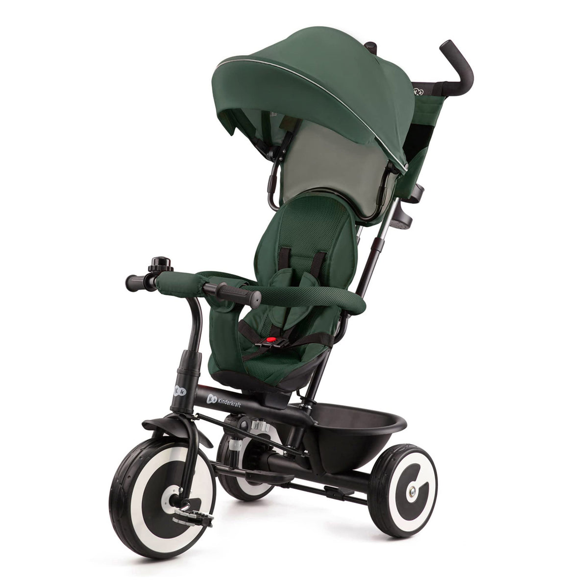 Kinderkraft Aston Tricycle, Baby Push Trike, Kids First Bike, Free Wheel Functions, Parent Handle, Footrest, Accessories, Bag, Cupholder, from 9 Months to 5 Years, Green