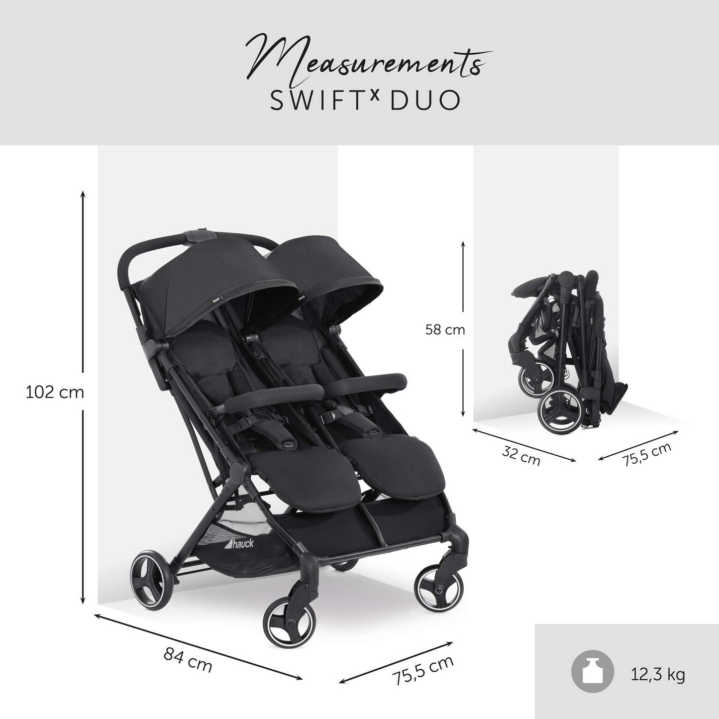 hauck Swift X Duo kaksikute ja õdede-vendade jalutuskäru, must, kuni 2 × 15 kg