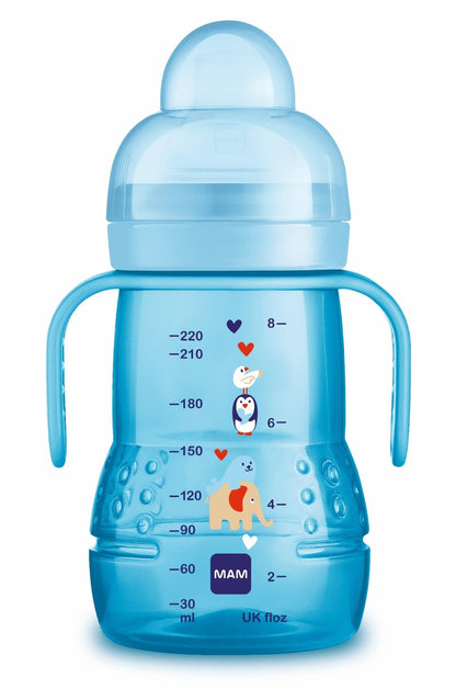 MAM 2-in-1 õpipudel ja joogitops, 220 ml, alates 4. elukuust, sinine