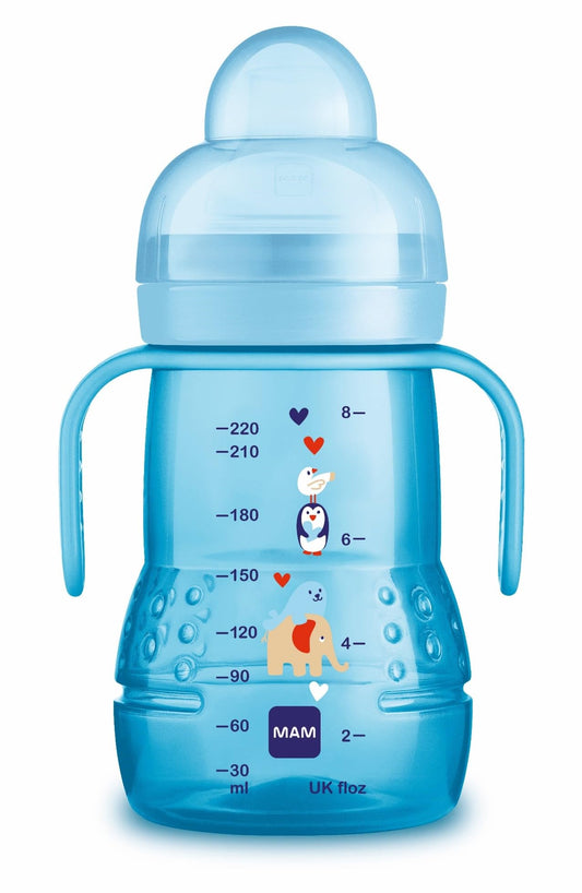 MAM 2-in-1 õpipudel ja joogitops, 220 ml, alates 4. elukuust, sinine