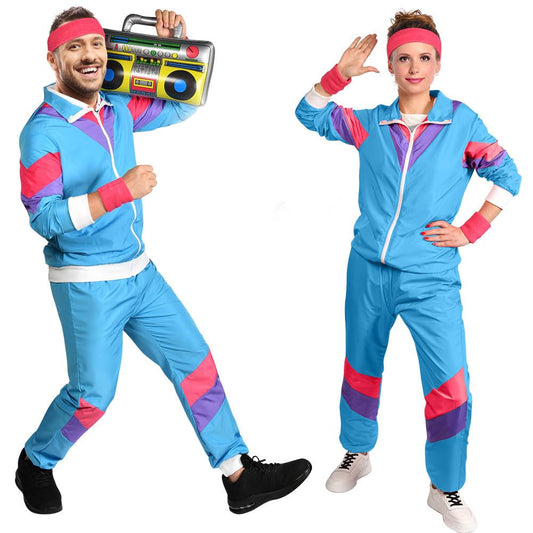 80ndate retro dressipluusi ja pükste kostüüm, unisex, sinine (S/M)