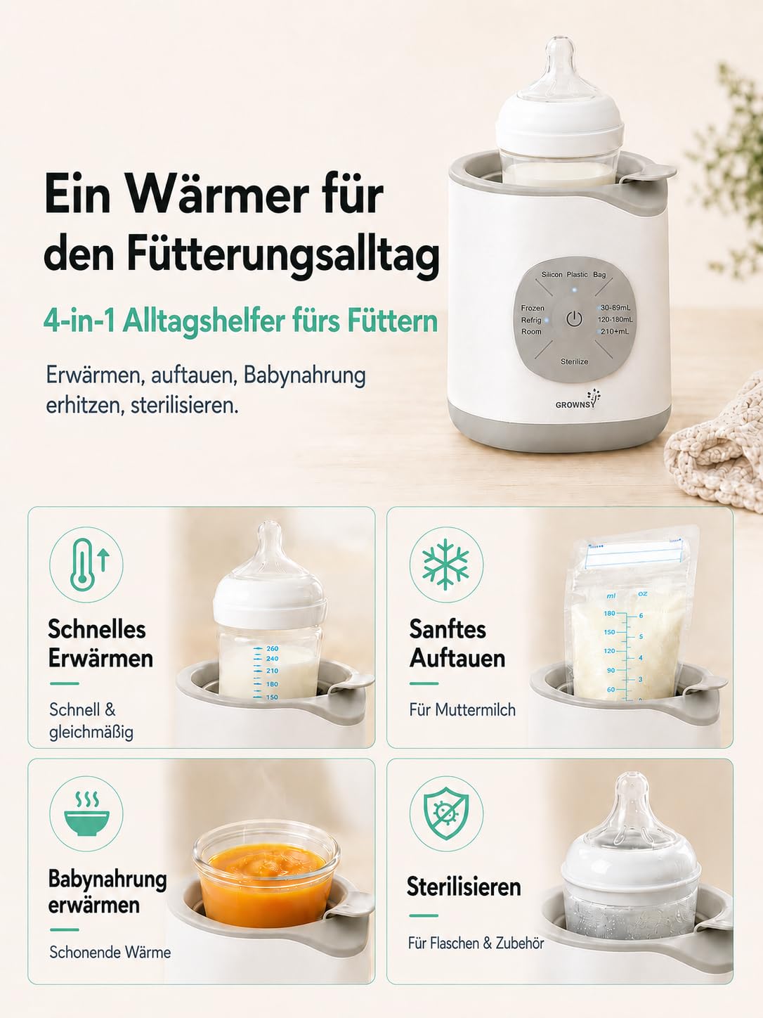 GROWNSY pudelisoojendaja temperatuurikontrolliga, hall-valge, kiire soojendus ja steriliseerimine