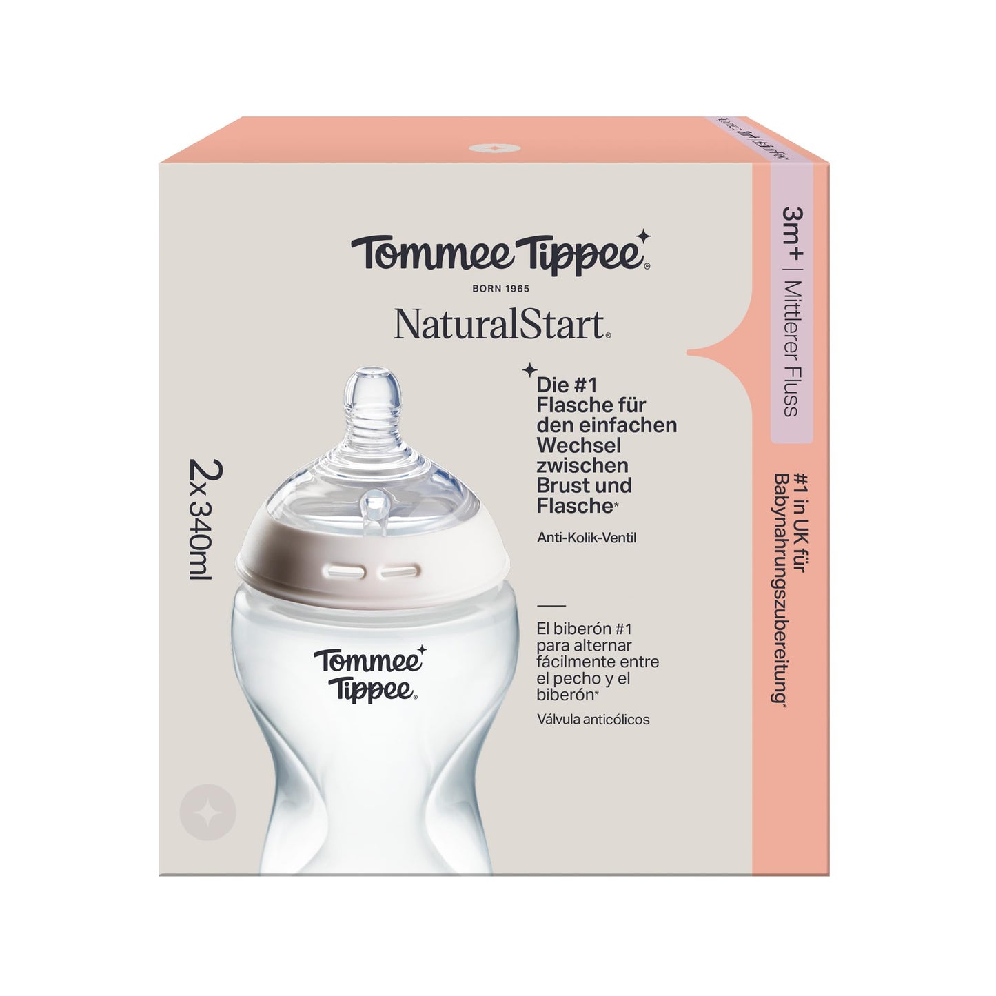 Tommee Tippee Natural Start koolikuvastane lutipudel 340 ml, 2 tk, keskmise vooluga, läbipaistev