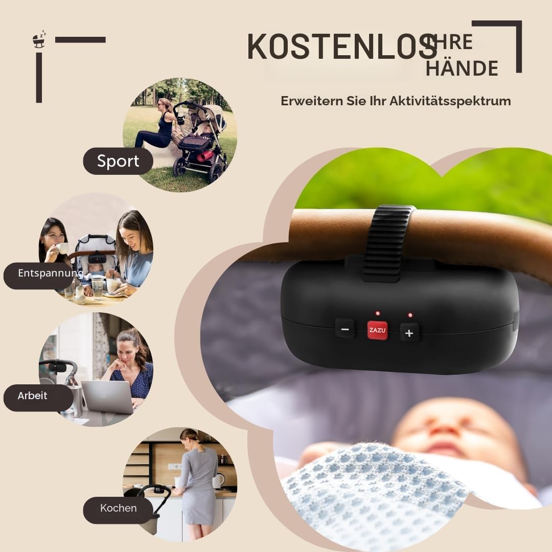 ZAZU Robby automaatne vankril kiigutaja, must, USB-laetav, 40-minutiline taimer, nutikas nutusensor