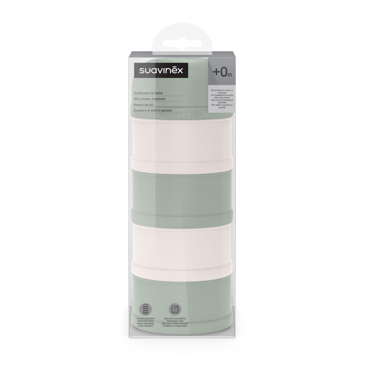 SUAVINEX piimapulbri dosaator ja snäkikarp 4-osaline, roheline, 0+ kuud