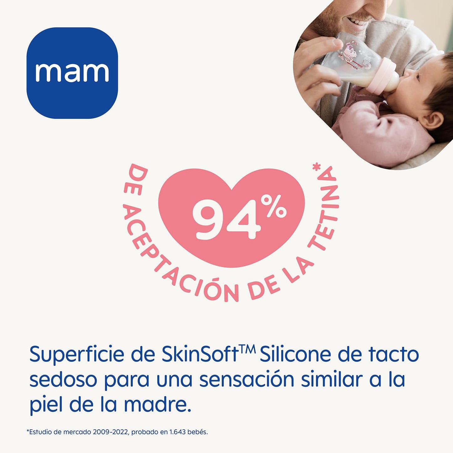 MAM Feel Good klaasist lutipudel 260 ml, 2+ kuud, SkinSoft silikoonlutiga (roosa)