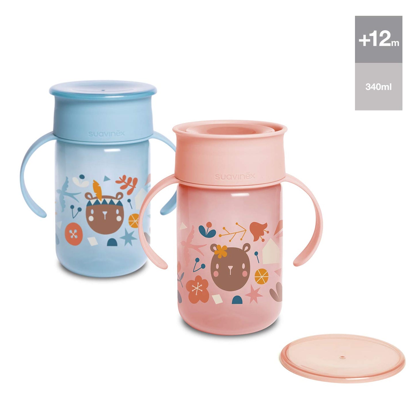 Suavinex 360° lekkekindel õppetass käepidemetega, 340 ml, Blue Forest