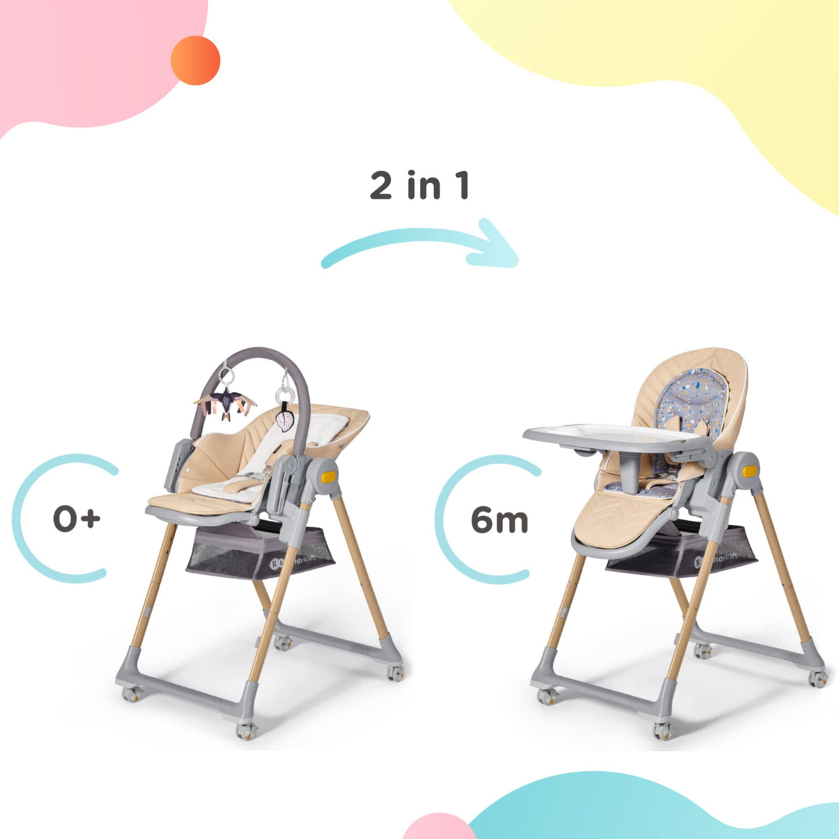 Kinderkraft LASTREE söögitool ja beebikiik alates sünnist, lamamisfunktsiooniga, hall