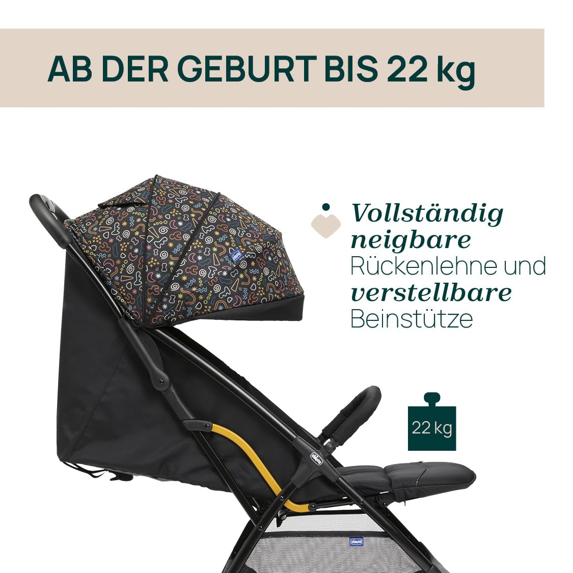 Chicco Glee jalutuskäru, must värvilise mustriga (Playful Black), kuni 22 kg
