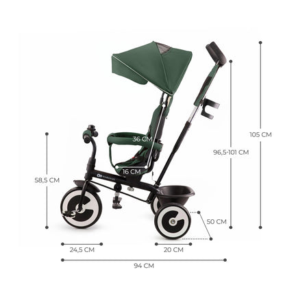 Kinderkraft Aston Tricycle, Baby Push Trike, Kids First Bike, Free Wheel Functions, Parent Handle, Footrest, Accessories, Bag, Cupholder, from 9 Months to 5 Years, Green