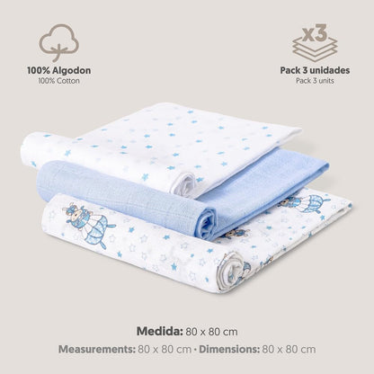 Interbaby 3-osaline musliintekkide komplekt, sinine, 80 × 80 cm, mudel 98971-01