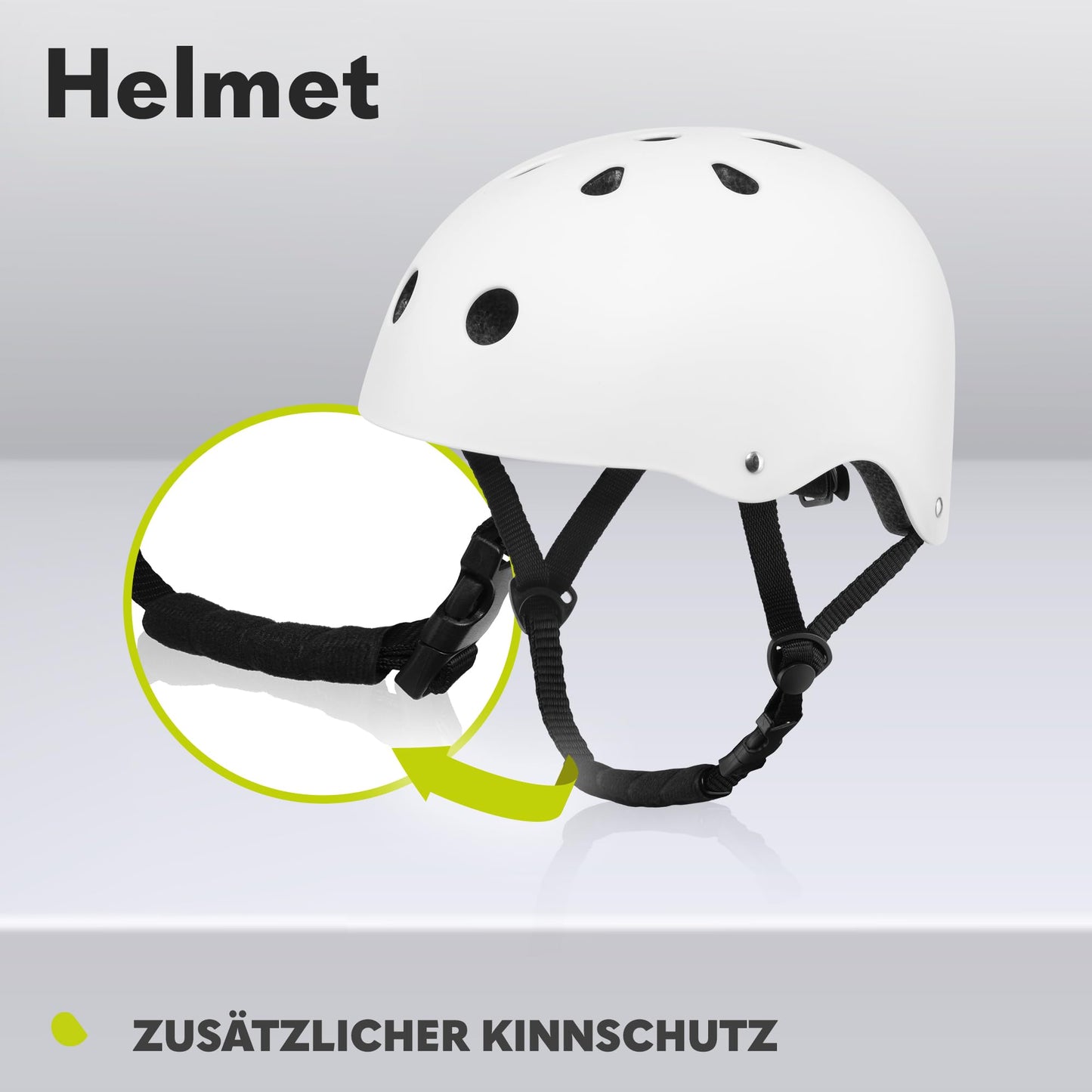 Lionelo Helmet laste kiiver, reguleeritav 50-56 cm, lõuakaitsega, valge