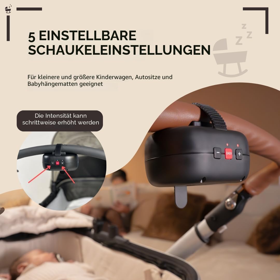 ZAZU Robby automaatne vankril kiigutaja, must, USB-laetav, 40-minutiline taimer, nutikas nutusensor