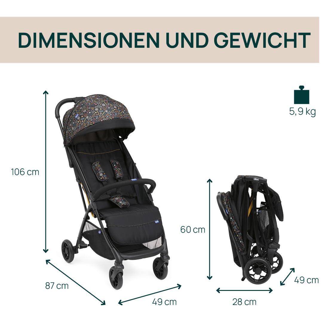 Chicco Glee jalutuskäru, must värvilise mustriga (Playful Black), kuni 22 kg