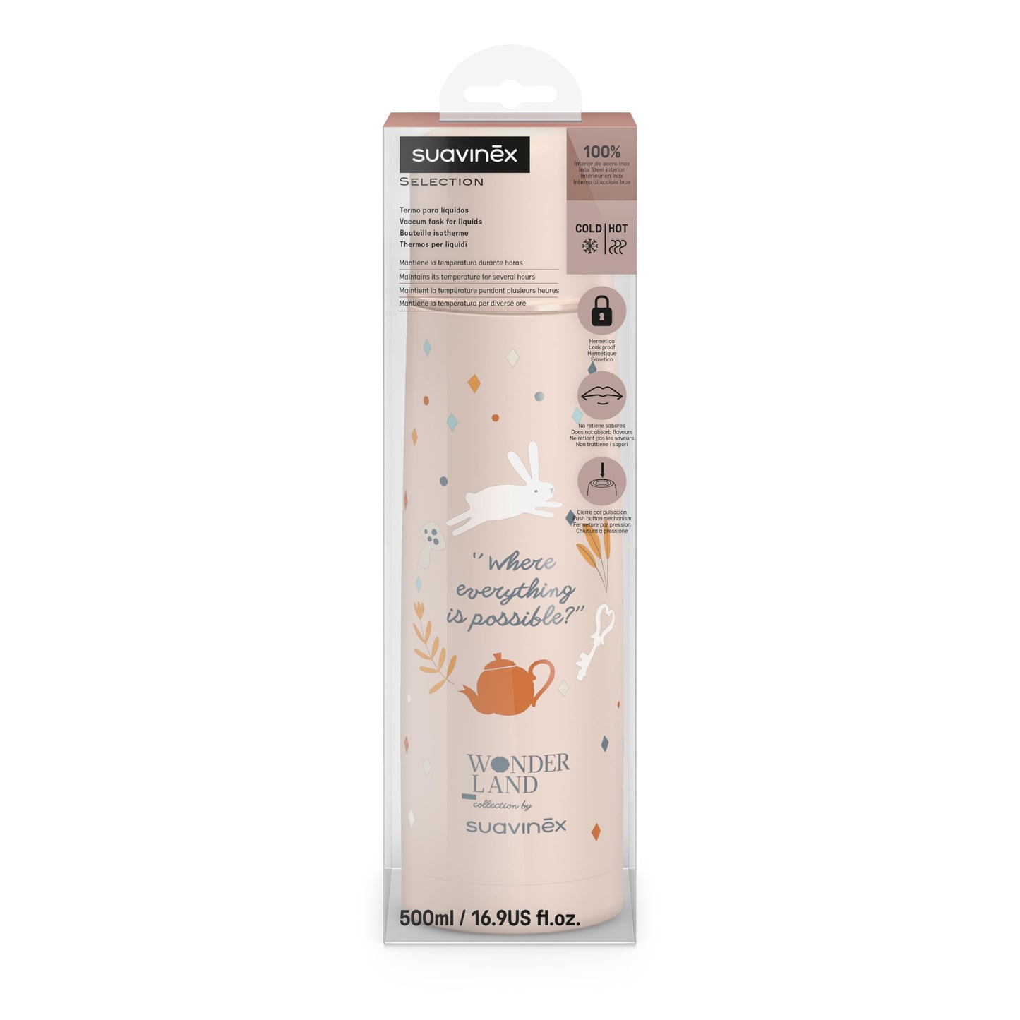 Suavinex roostevabast terasest termospudel 500 ml, roosa (Wonderland kollektsioon)