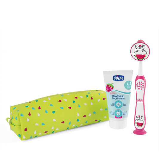 Chicco laste hambahoolduskomplekt reisikotis, maasikamaitseline hambapasta ja pehme hambahari, 3–6 a, roosa